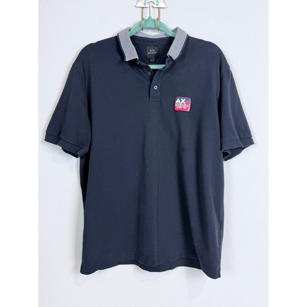 Armani Exchange Black Polo with Striped Collar and Red AX 1991 Patch L